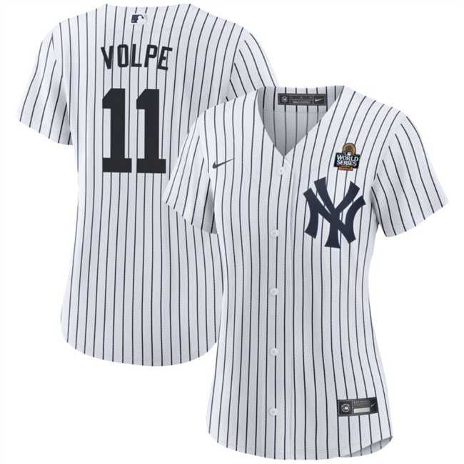 Womens New York Yankees #11 Anthony Volpe White 2024 World Series With Name Cool Base Stitched Jersey Dzhi